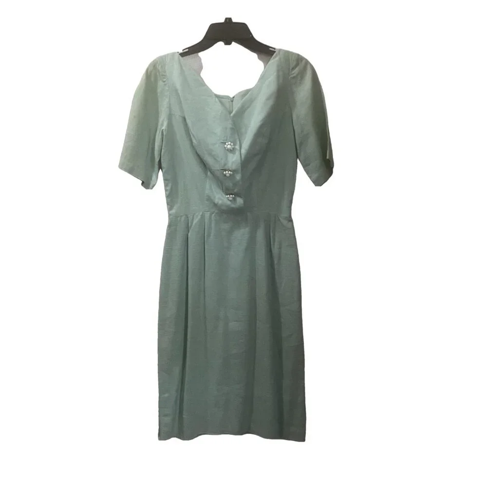 VINTAGE 1950s Josie Shield Mint Green‎ Shantung Fit & Flare Dress Midcentury S - Picture 3 of 15